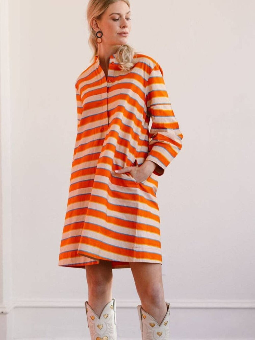 Casual Striped Orange and Cream Long Sleeve Shift Dress